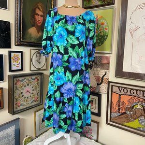 80s Vintage Chix Hawaii Liberty House Blue Black Green Floral Rayon Midi MuuMuu
